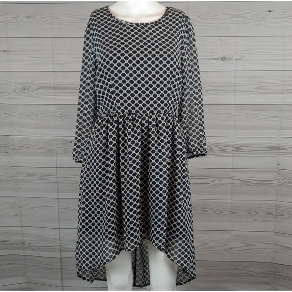 One Clothing Size Large Geometric Print Hi Low Dress Black Blue White